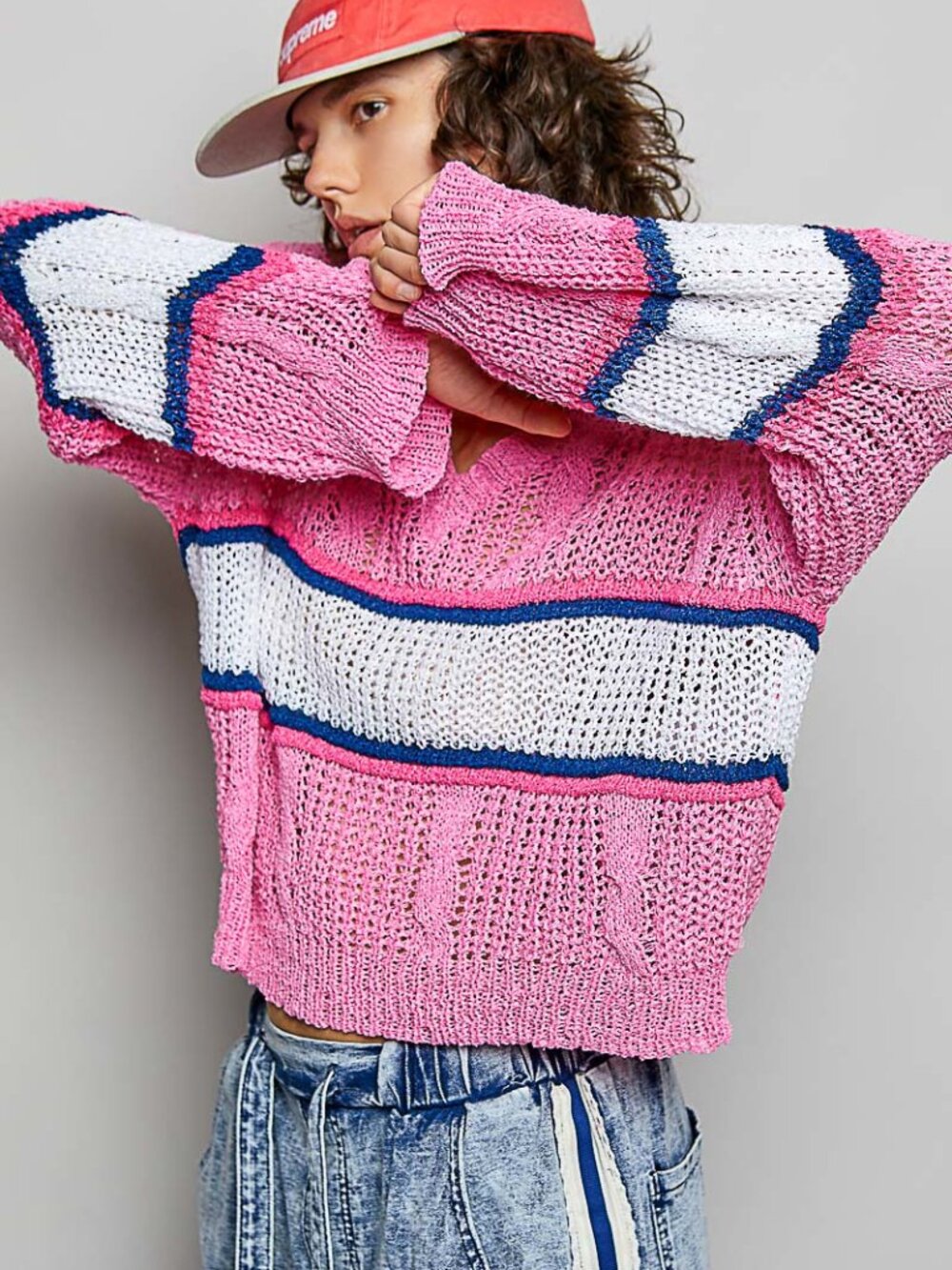 POL cropped fit top in acrylic sweater with cable knit detail pointed striped pa